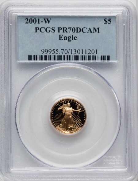 2001-W $5 Tenth-Ounce Gold Eagle, PR DC Blue Gradient 70 PCGS