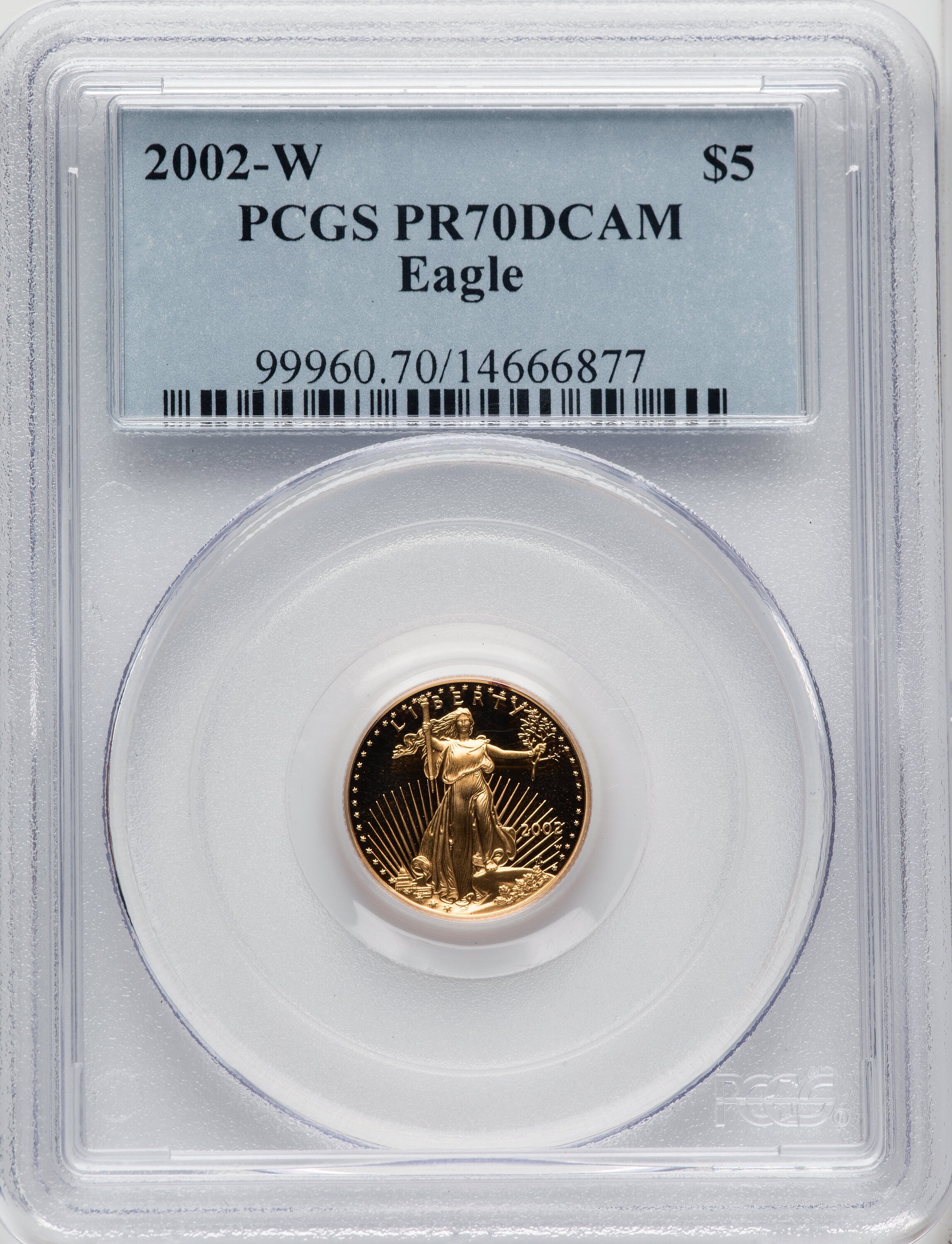 2002-W $5 Tenth-Ounce Gold Eagle, PR DC Blue Gradient 70 PCGS
