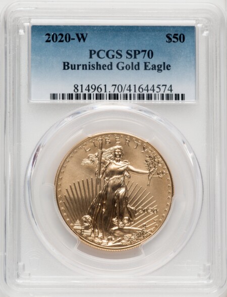 2020-W $50 One Ounce Gold Eagle, Burnished, SP Blue Gradient 70 PCGS
