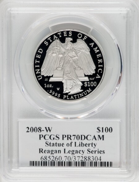 2008-W $100 One-Ounce Platinum Eagle, Statue of Liberty, Michael Reagan, PR, DC 70 PCGS