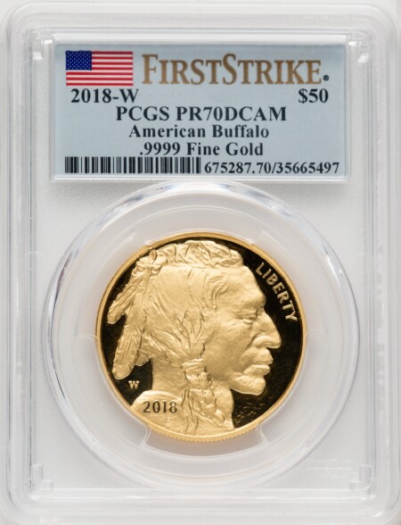 2018-W $50 One-Ounce Gold Buffalo, First Strike,  PR, DC FS Flag 70 PCGS