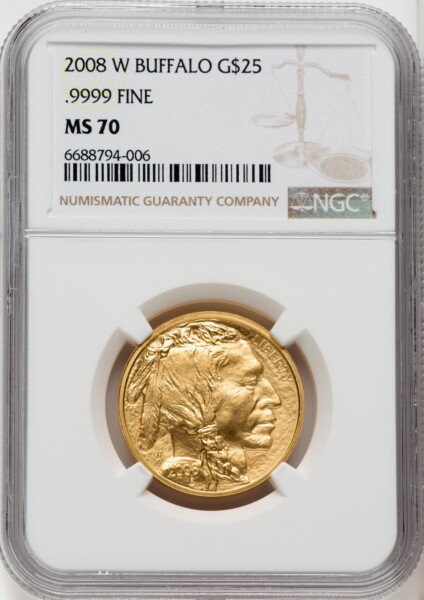 2008-W $25 Half-Ounce Gold Buffalo, SP Brown Label 70 NGC