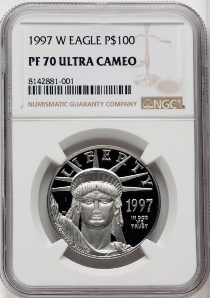 1997-W $100 One-Ounce Platinum Eagle, Statue of Liberty, PR, DC Brown Label 70 NGC