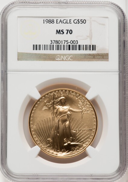 1988 $50 One-Ounce Gold Eagle, MS Bison Label 70 NGC