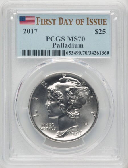 2017 $25 One Ounce Palladium, First Day of Issue, MS 70 PCGS