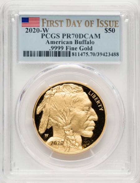 2020-W G$50 Gold Buffalo, First Day of Issue,  PR DCAM FDI Flag 70 PCGS