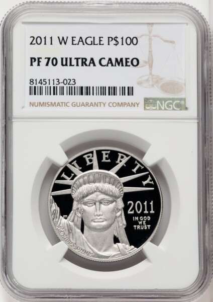 2011-W $100 One-Ounce Platinum Eagle, Statue of Liberty, PR, DC Brown Label 70 NGC