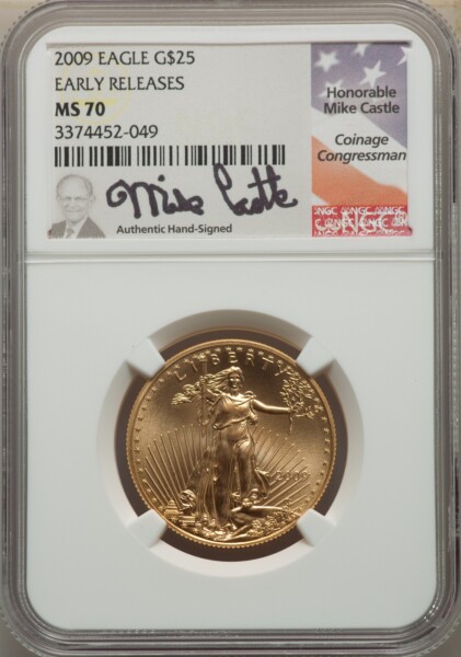 2009 $25 Half-Ounce Gold Eagle, First Strike, MS Mike Castle 70 NGC