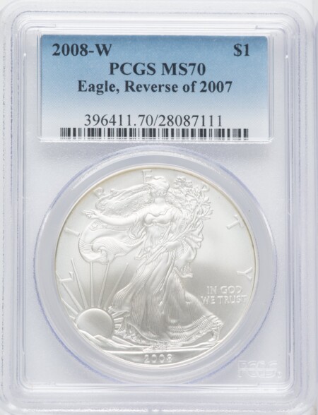 2008-W S$1 Silver Eagle, Reverse of 2007, SP 70 PCGS