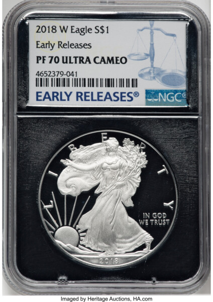 2018-W S$1 Silver Eagle, First Strike, DC Silver Foil 70 NGC