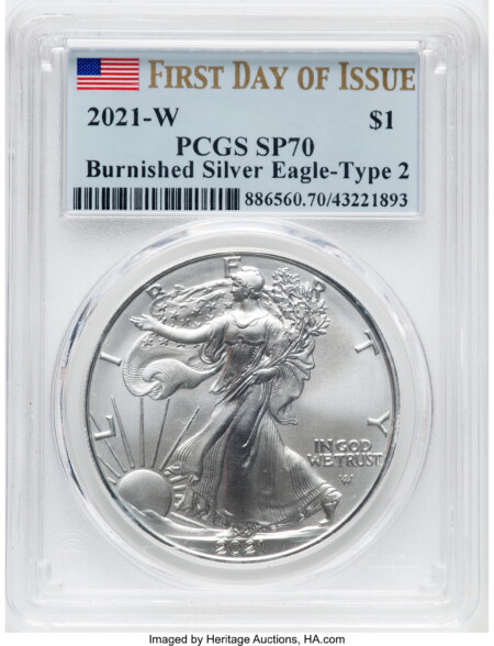 2021-W S$1 Silver Eagle, Type Two, Burnished, FDI, SP 70 PCGS