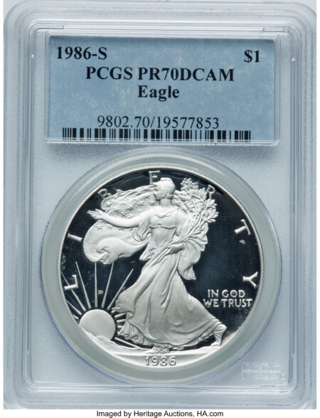 1986-S S$1 Silver Eagle, DCAM 70 PCGS