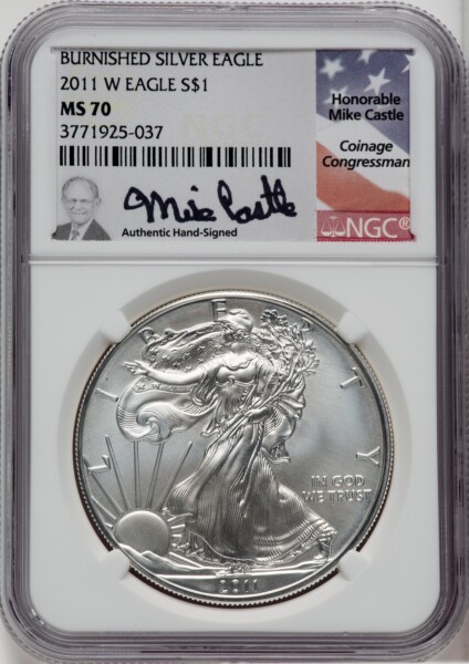 2011-W S$1 Silver Eagle, Burnished, SP Mike Castle 70 NGC