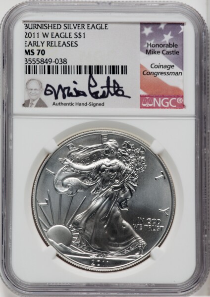 2011-W S$1 Silver Eagle, Burnished, First Strike, SP Mike Castle 70 NGC