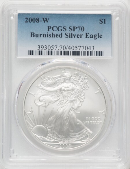 2008-W S$1 Silver Eagle, Burnished, SP 70 PCGS