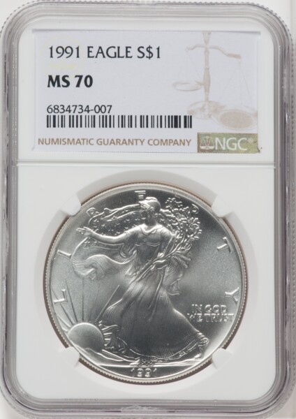 1991 S$1 Silver Eagle, MS Brown Label 70 NGC