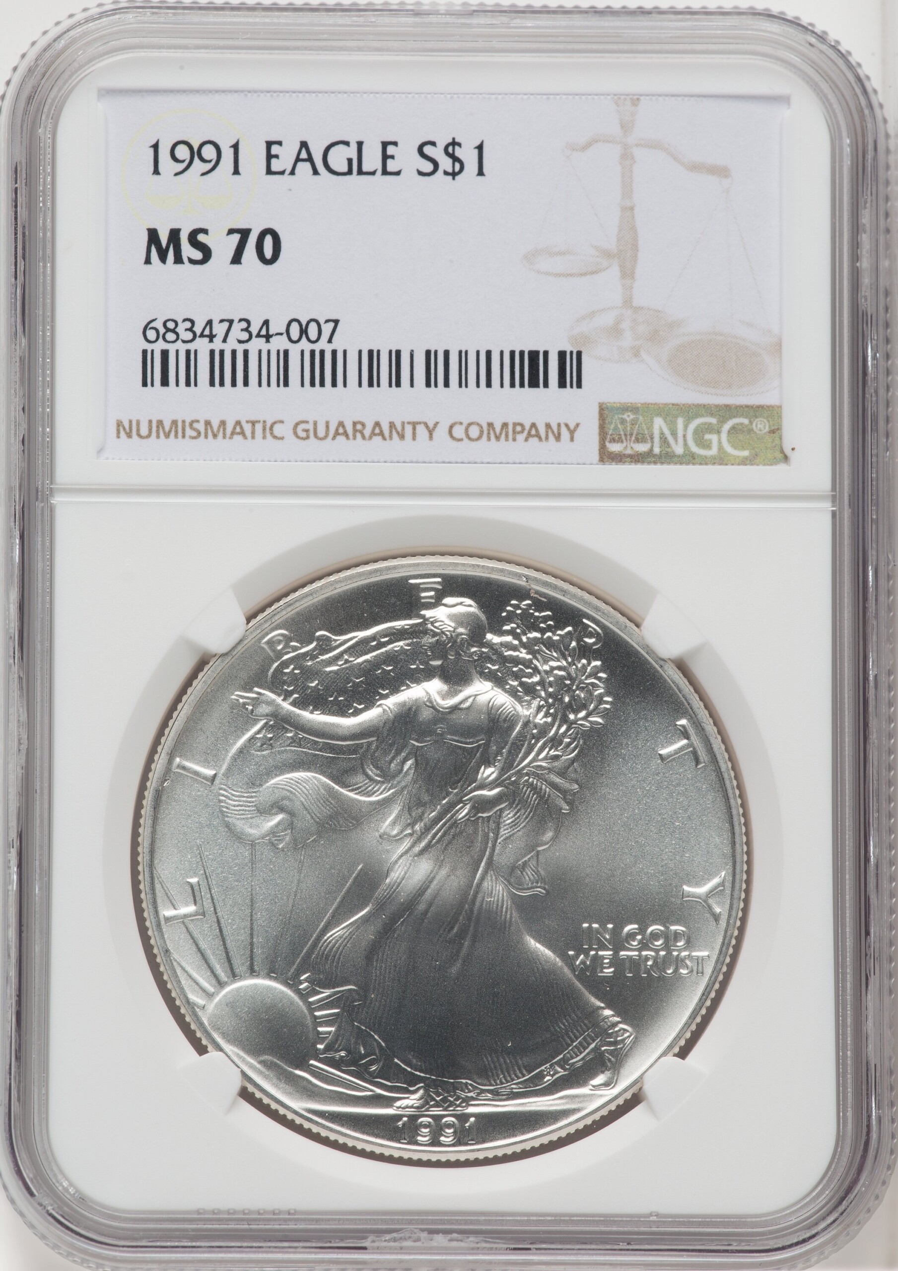 1991 S$1 Silver Eagle, MS Brown Label 70 NGC