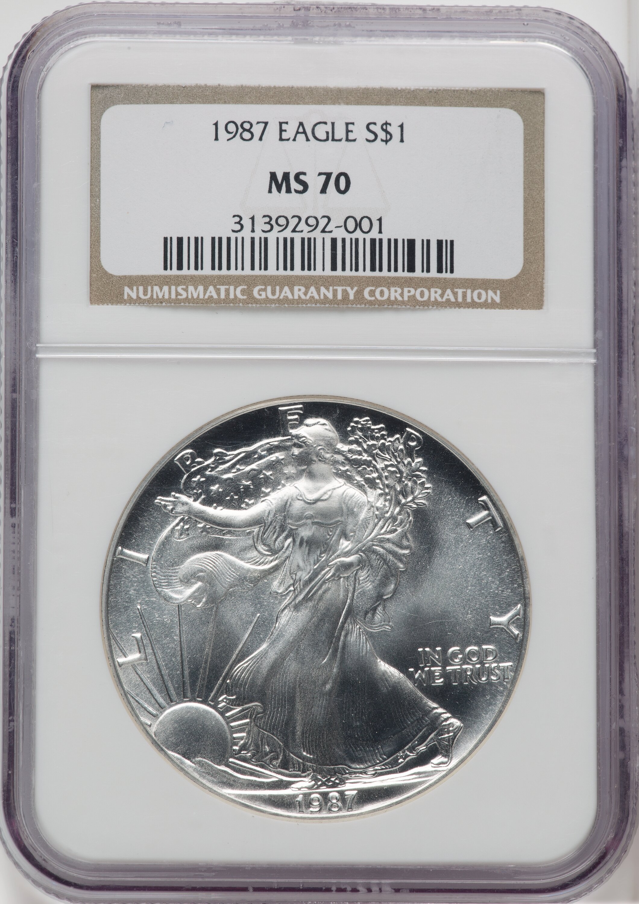 1987 S$1 Silver Eagle, MS Brown Label 70 NGC