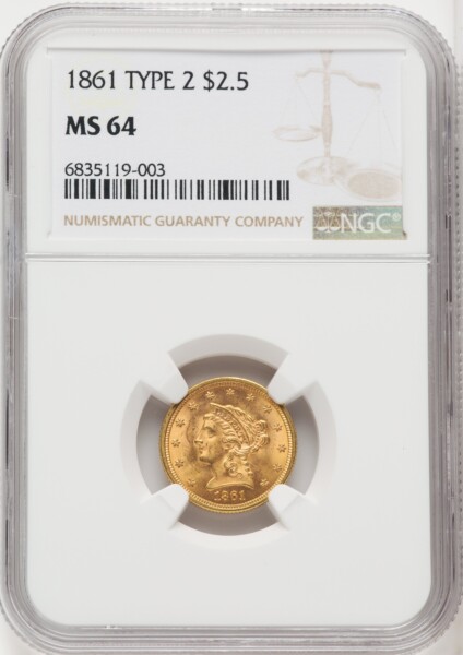 1861 $2 1/2 New Reverse, Type 2, MS 64 NGC