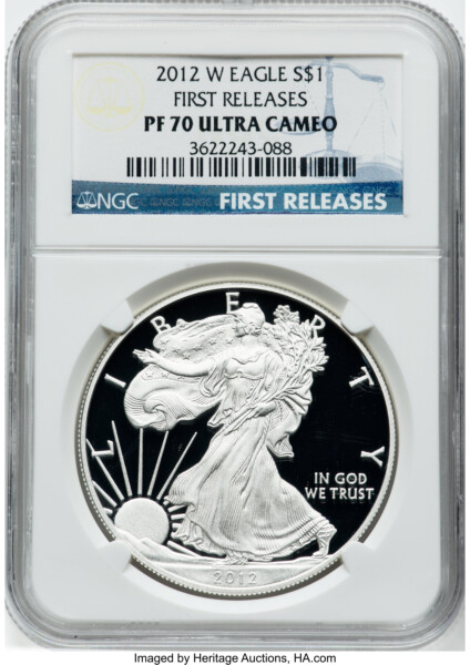 2012-W S$1 Silver Eagle, First Strike, DC FR Blue 70 NGC
