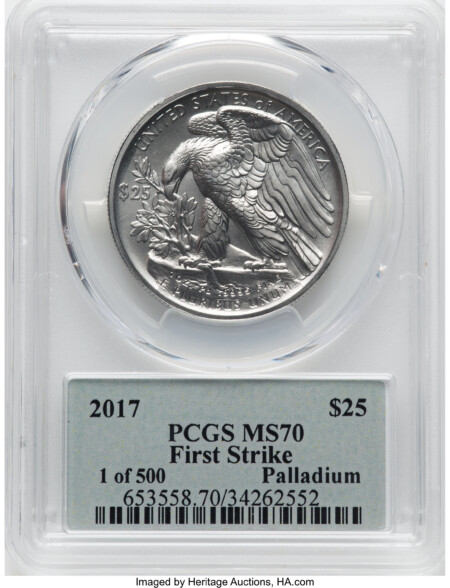 2017 $25 Palladium,  First Strike, 1 of 500, MS 70 PCGS