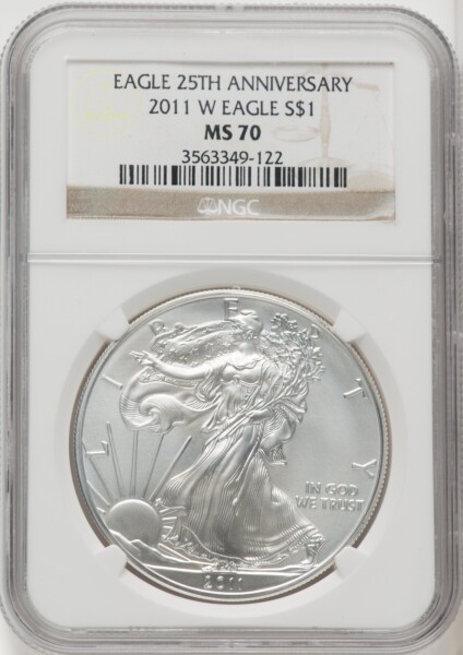 2011-W S$1 Silver Eagle, Burnished, SP Brown Label 70 NGC