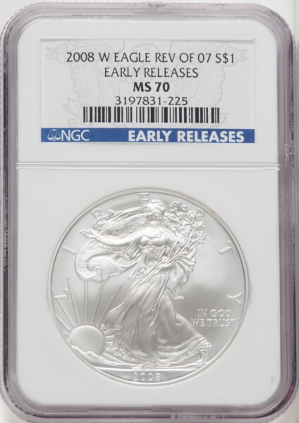 2008-W S$1 Silver Eagle Reverse of 2007, Burnished, First Strike, SP 70 NGC