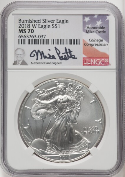 2018-W S$1 Silver Eagle, Burnished, SP Mike Castle 70 NGC