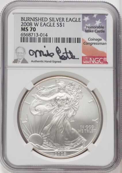2008-W S$1 Silver Eagle, Burnished, SP Mike Castle 70 NGC