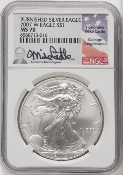 2007-W S$1 Silver Eagle, Burnished, SP Mike Castle 70 NGC