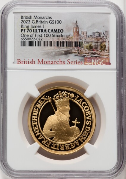 Elizabeth II gold Proof "James I" 100 Pounds (1 oz) 2022 PR70 Ultra Cameo NGC. One of the First 100 Struck. 70 NGC