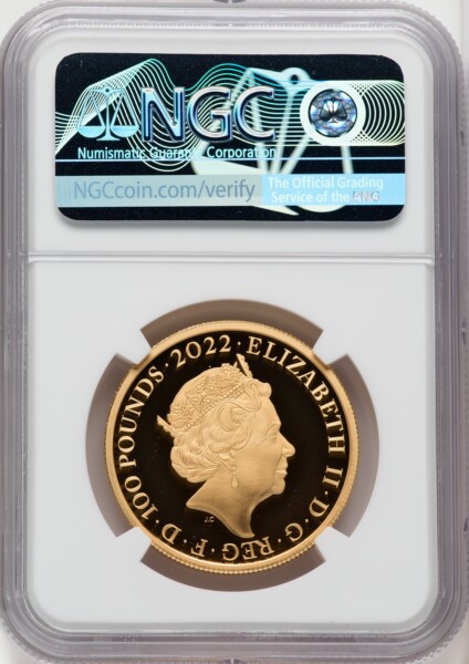 Elizabeth II gold Proof "James I" 100 Pounds (1 oz) 2022 PR70 Ultra Cameo NGC. One of the First 100 Struck. 70 NGC