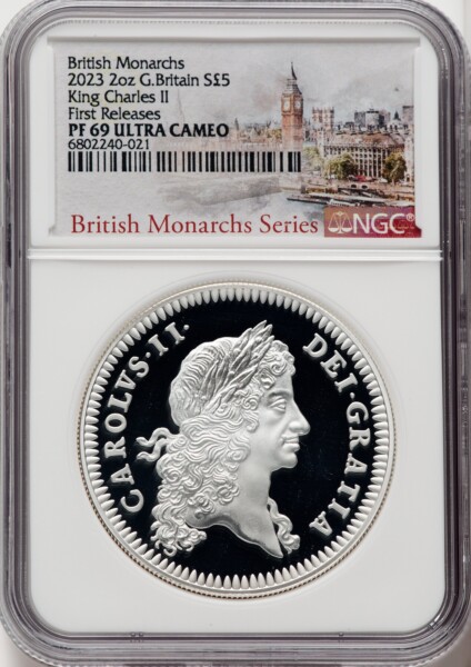 Charles III silver Proof "King Charles II" 5 Pounds (2 oz) 2023 PR69  Ultra Cameo NGC, 69 NGC