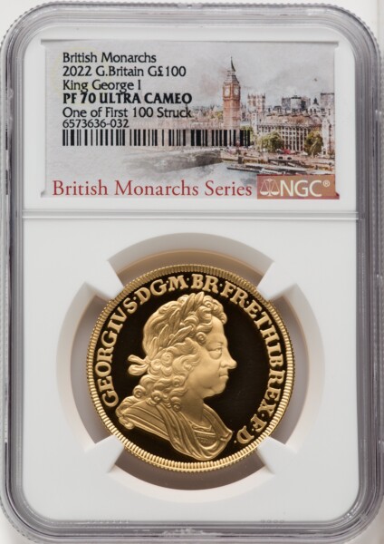 .Elizabeth II gold Proof "George I" 100 Pounds (1 oz) 2022 PR70 Ultra Cameo NGC. One of the First 100 Struck. 70 NGC