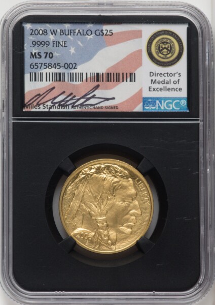 2008-W $25 Half-Ounce Gold Buffalo, SP Miles Standish 70 NGC