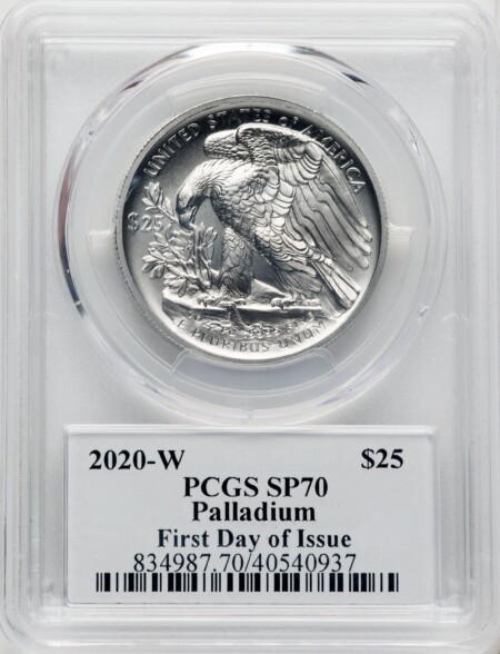 2020-W $25 Palladium Eagle, First Day of Issue, Cleveland Torch, SP 70 PCGS