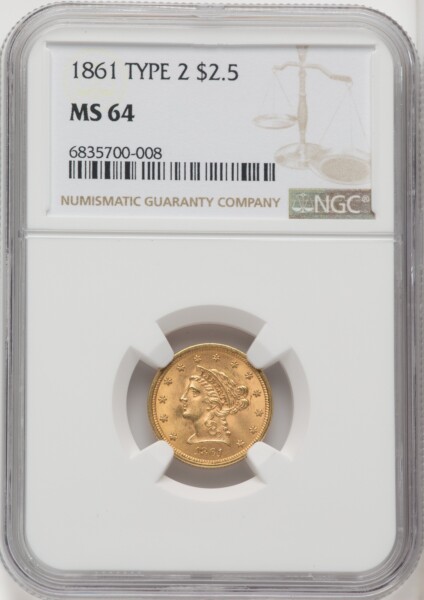 1861 $2 1/2 New Reverse, Type 2, MS 64 NGC