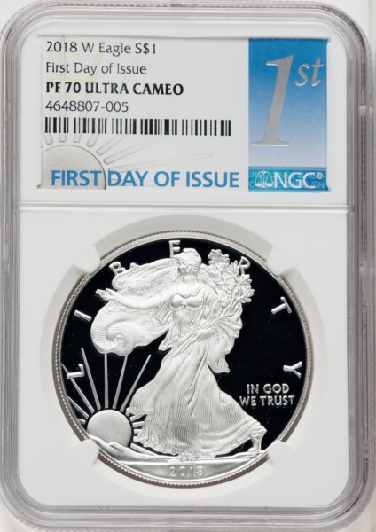 2018-W S$1 Silver Eagle, First Day of Issue, DC 70 NGC