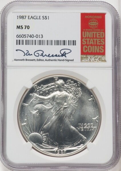 1987 S$1 Silver Eagle, MS Kenneth Bressett Red Book 70 NGC