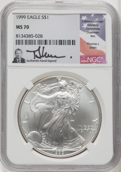1999 S$1 Silver Eagle, MS Thomas Uram 70 NGC