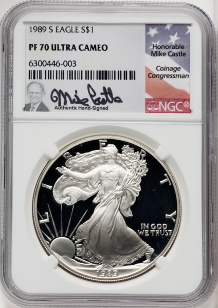 1989-S S$1 Silver Eagle, PRDC Mike Castle 70 NGC