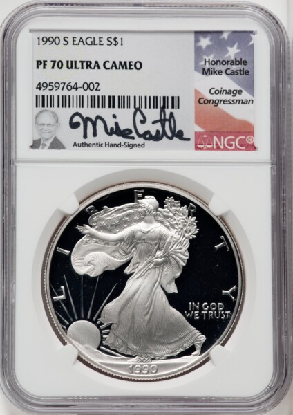 1990-S S$1 Silver Eagle, DC Mike Castle 70 NGC