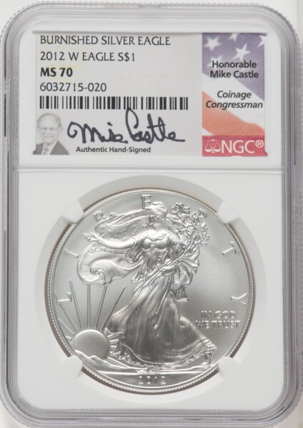 2012-W S$1 Silver Eagle, Burnished, SP Mike Castle 70 NGC