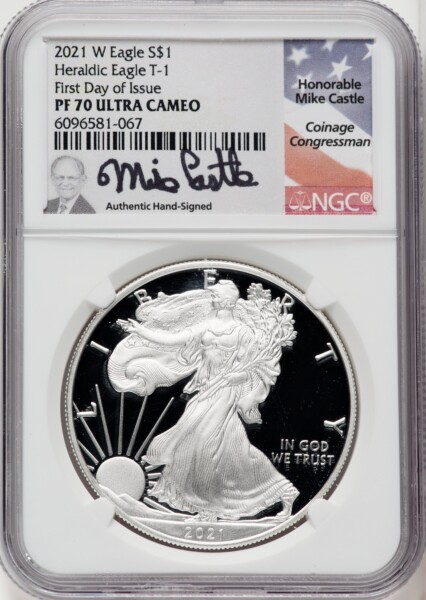2021-W Silver Eagle, Type One, First Day of Issue, Mike Castle 70 NGC