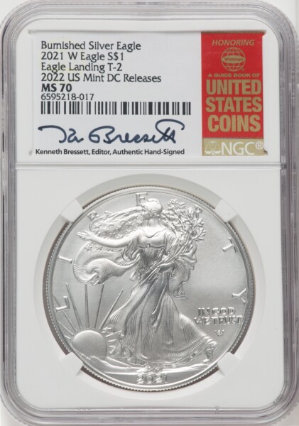 2021-W S$1 Silver Eagle, Type Two, Burnished, SP Kenneth Bressett Red Book 70 NGC