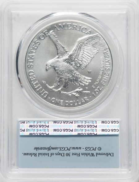 2023-W S$1 Silver Eagle, Burnished, First Strike, SP 70 PCGS