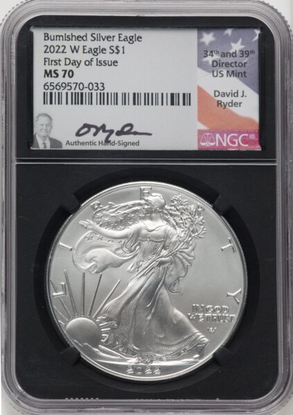 2022-W S$1 Silver Eagle, Burnished, FDI, SP 70 NGC