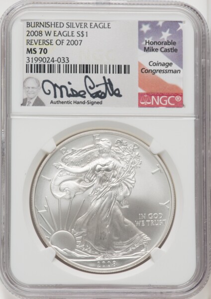 2008-W S$1 Silver Eagle, Reverse of 2007, SP Mike Castle 70 NGC