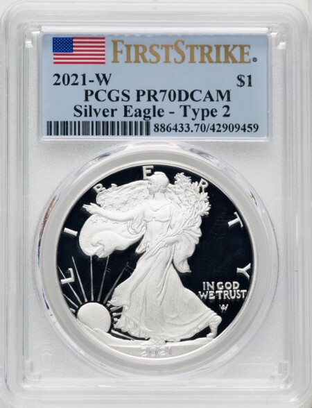 2021-W S$1 Silver Eagle, Type Two, First Strike, PRDC 70 PCGS