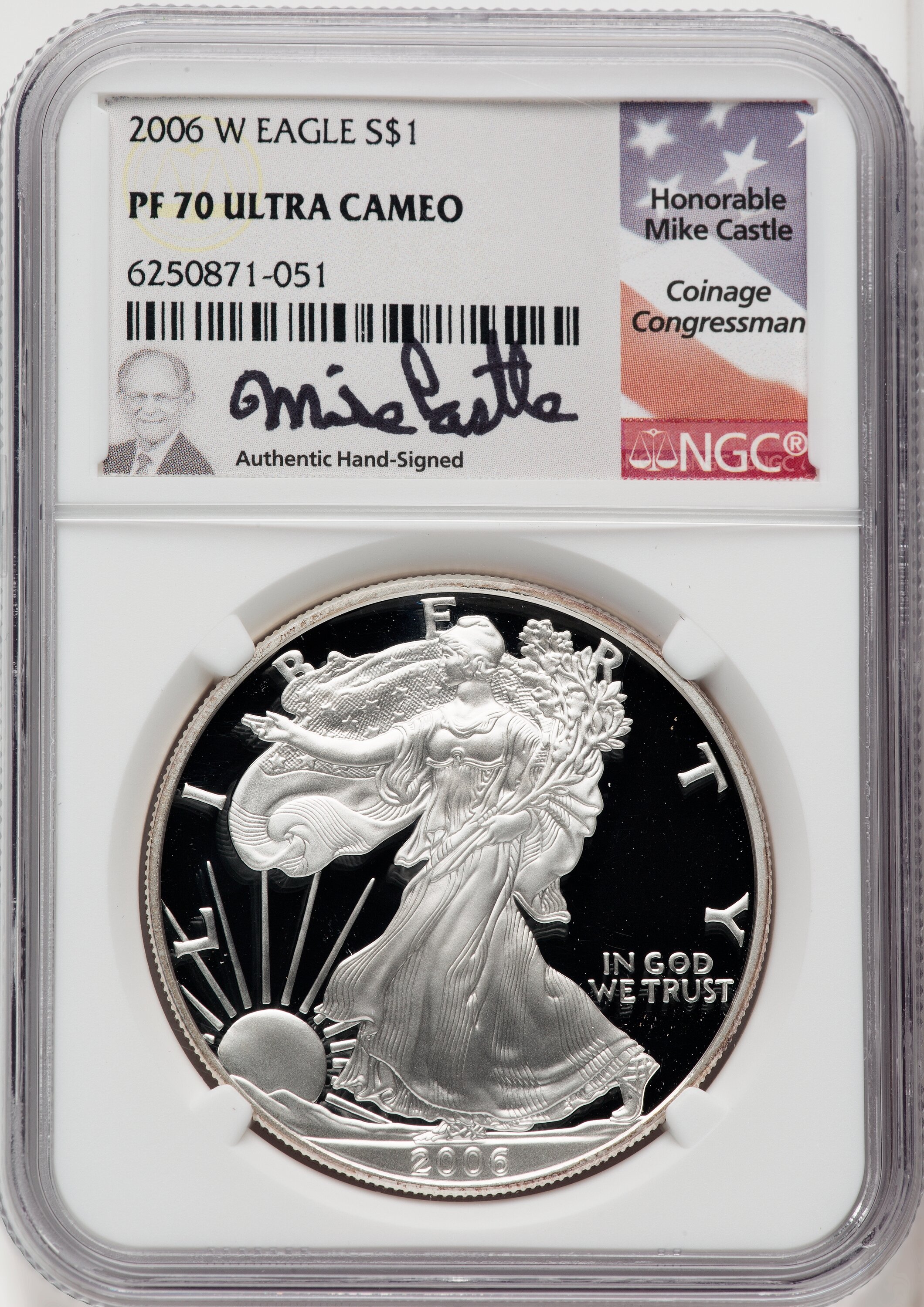 2006-W S$1 Silver Eagle, DC Mike Castle 70 NGC